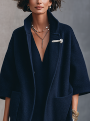 Minimalist Navy Blue Stand-up Collar Duffle Coat