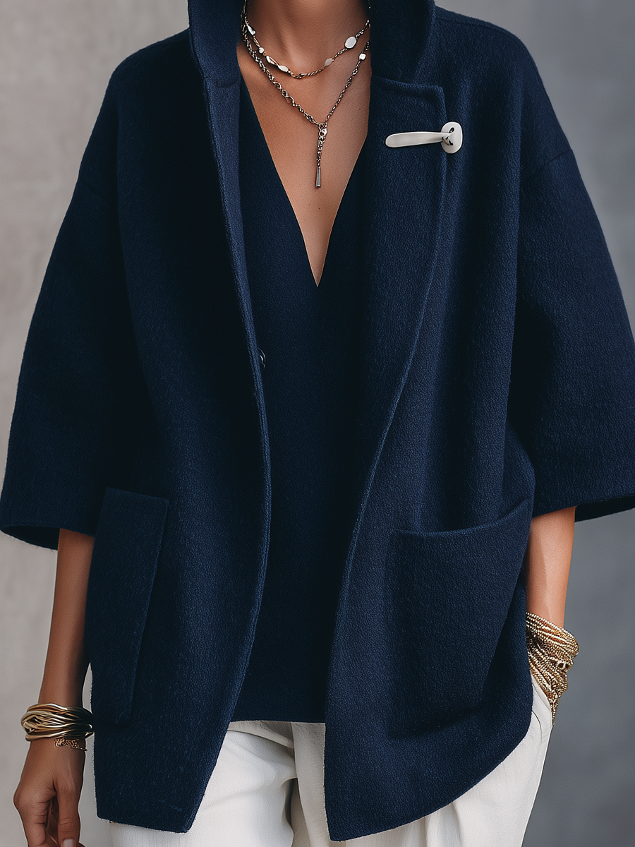 Minimalist Navy Blue Stand-up Collar Duffle Coat