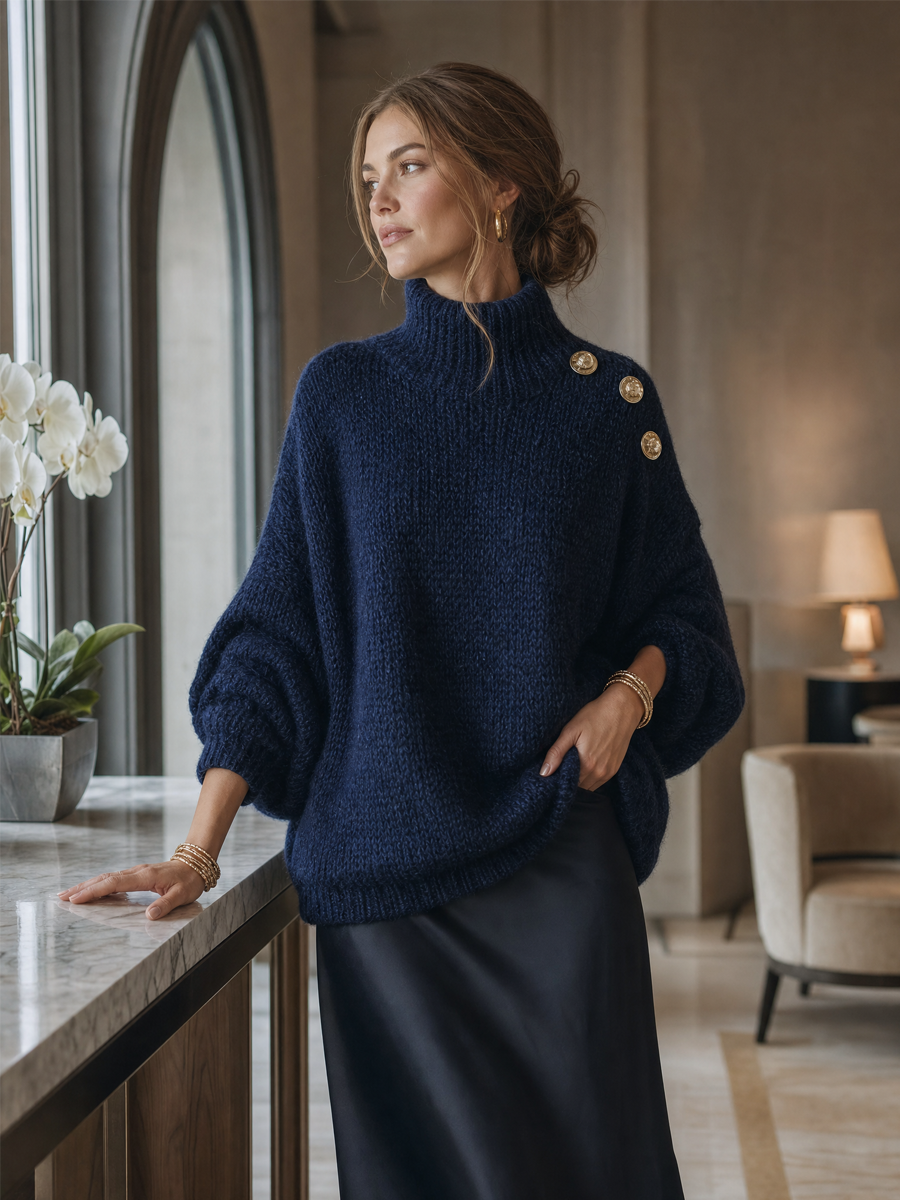 Casual Navy Blue And Gold Button Sweater