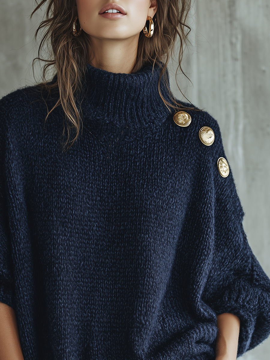 Casual Navy Blue And Gold Button Sweater