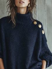 Casual Navy Blue And Gold Button Sweater