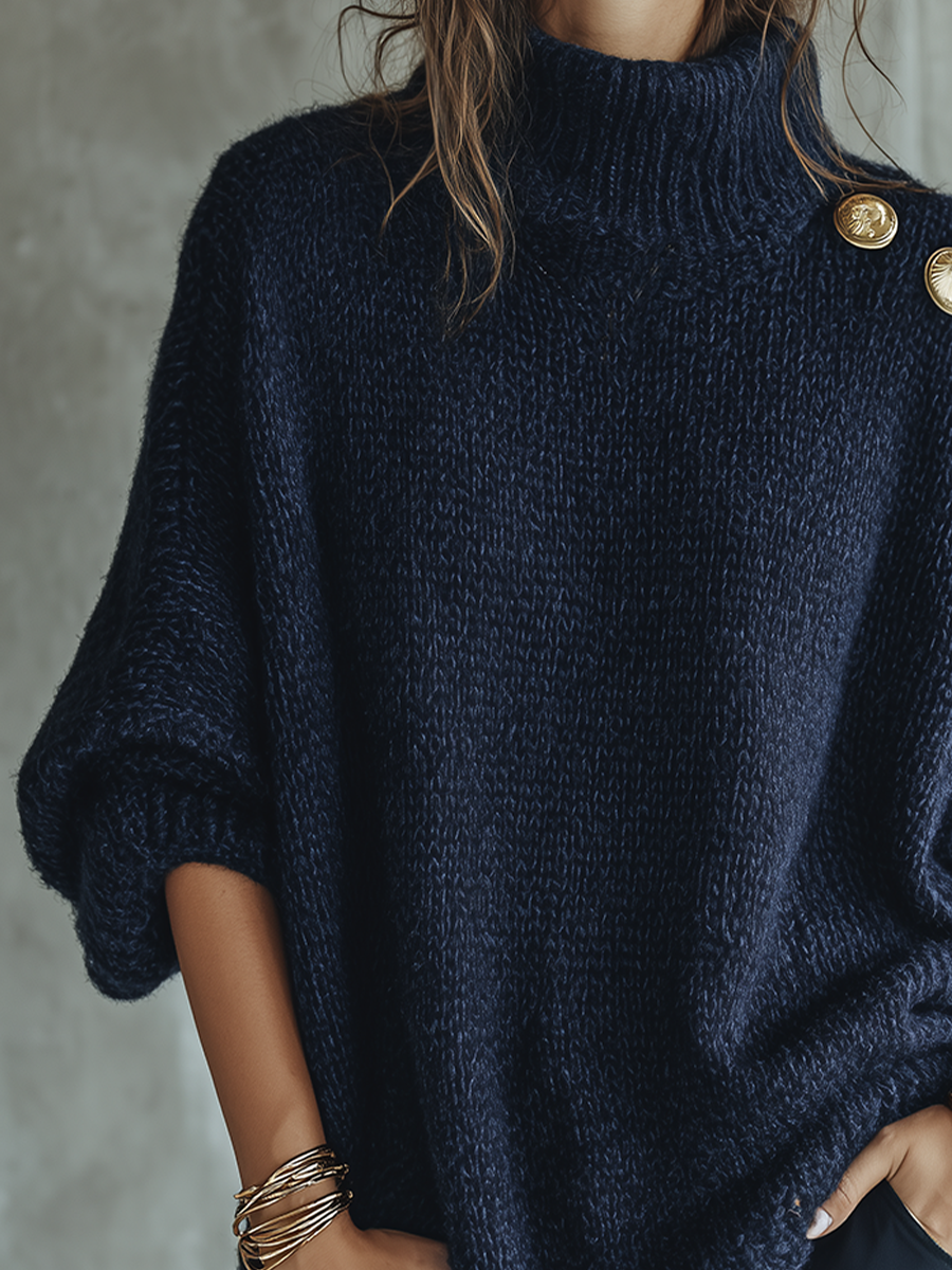 Casual Navy Blue And Gold Button Sweater