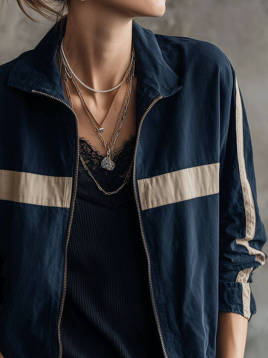 Women's Colorblock Zip-Up Striped Sleeve Detail Jacket