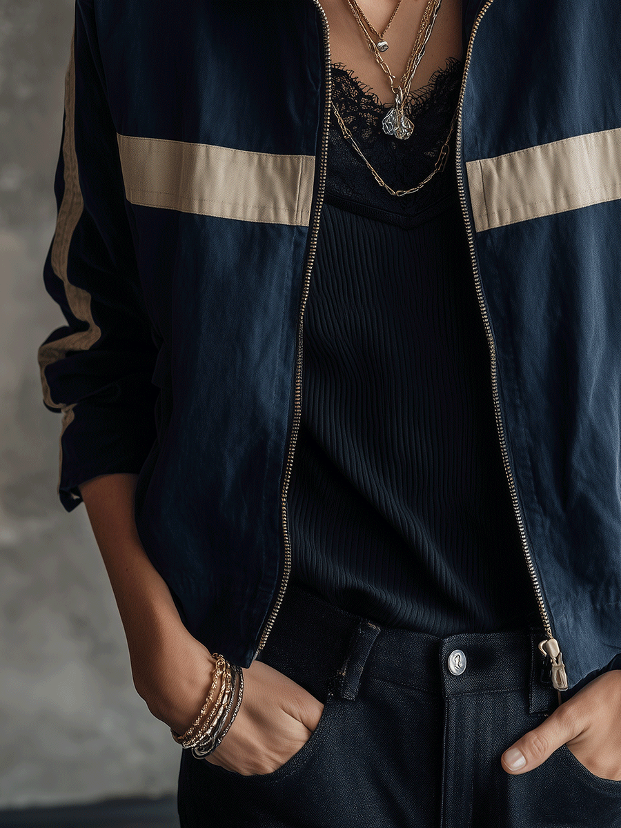 Women's Colorblock Zip-Up Striped Sleeve Detail Jacket