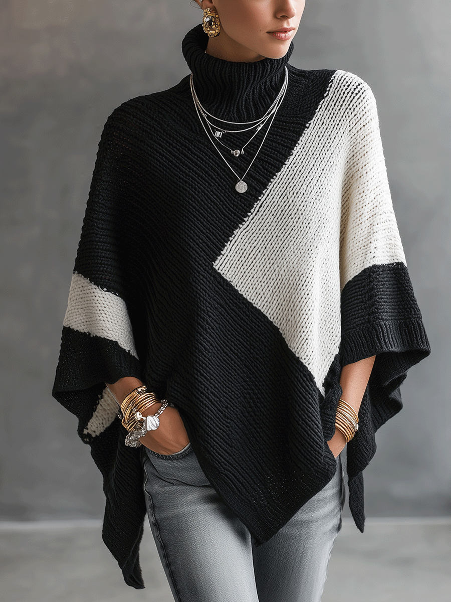 Colorblock Turtleneck Poncho Sweater