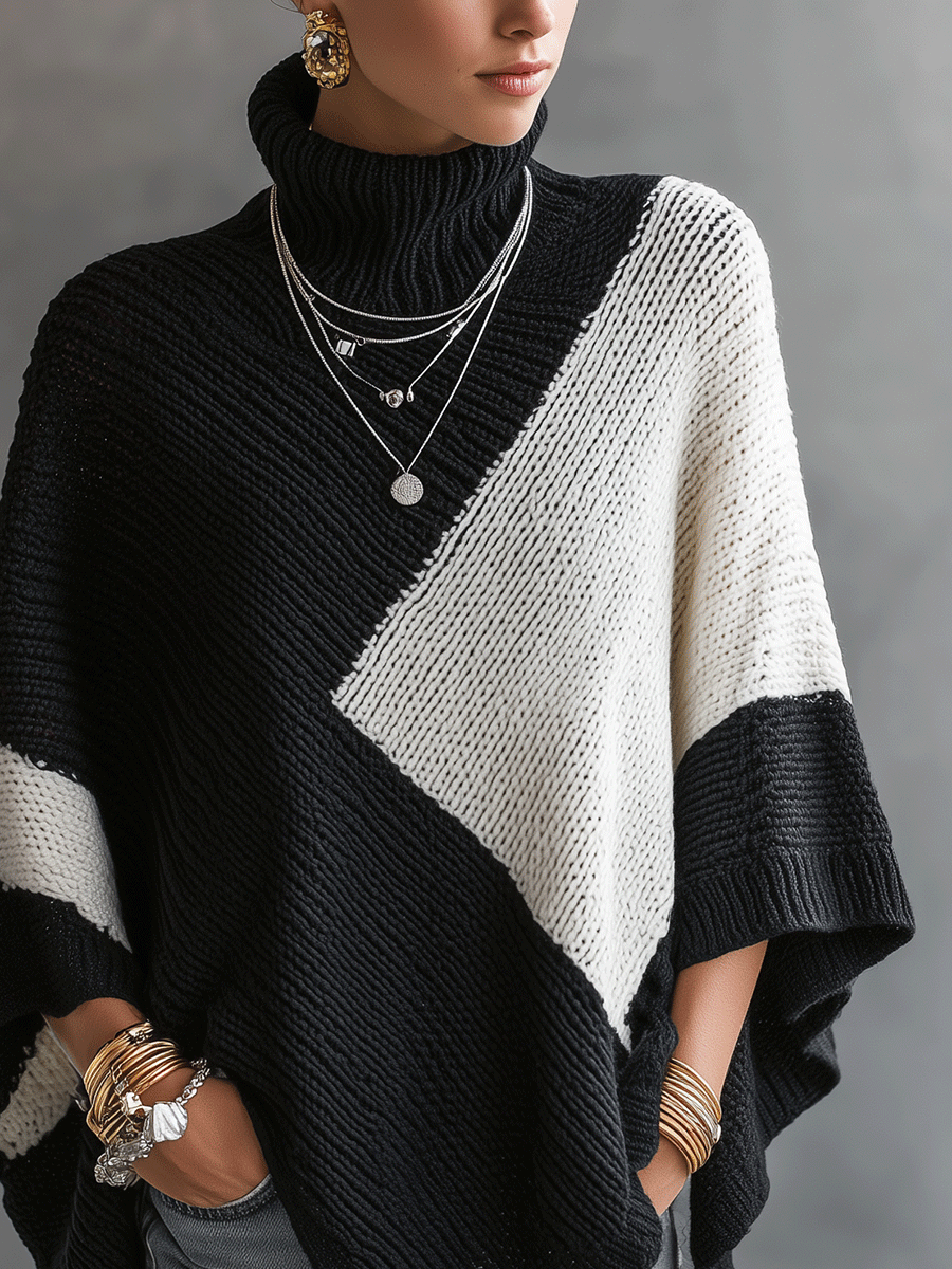 Colorblock Turtleneck Poncho Sweater