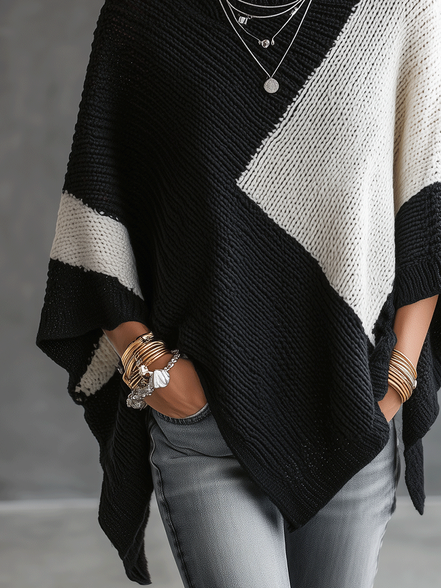 Colorblock Turtleneck Poncho Sweater
