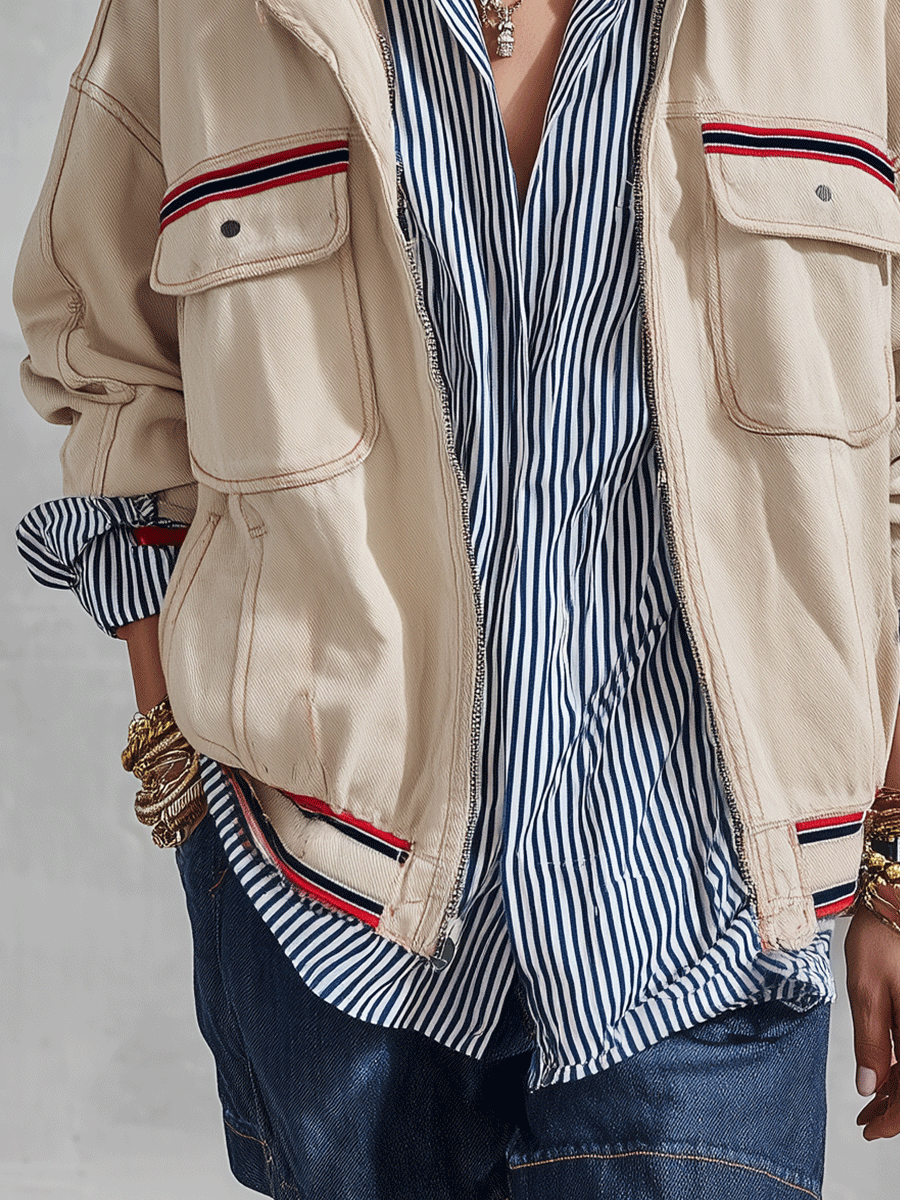 Modern Utility Cotton Twill Relaxed-Fit Beige Contrast-Stripe Zip Jacket