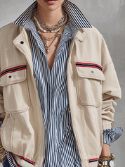 Modern Utility Cotton Twill Relaxed-Fit Beige Contrast-Stripe Zip Jacket