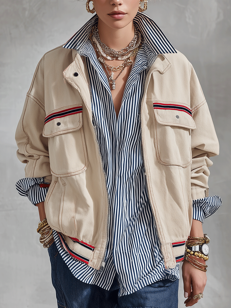 Modern Utility Cotton Twill Relaxed-Fit Beige Contrast-Stripe Zip Jacket