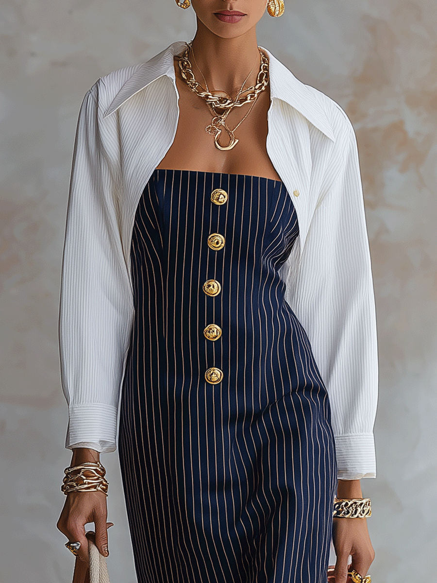 Contrast Pinstripe Button-Down Maxi Shirt Dress