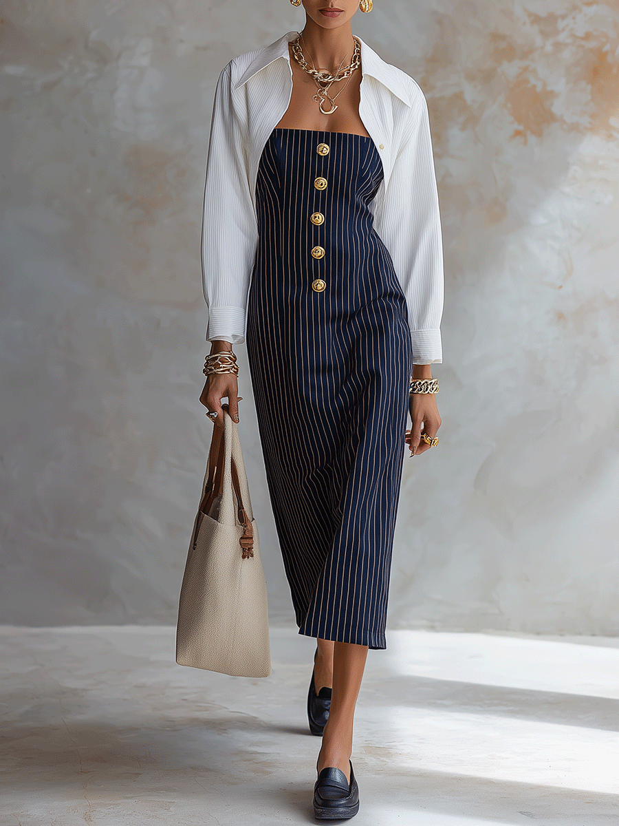 Contrast Pinstripe Button-Down Maxi Shirt Dress