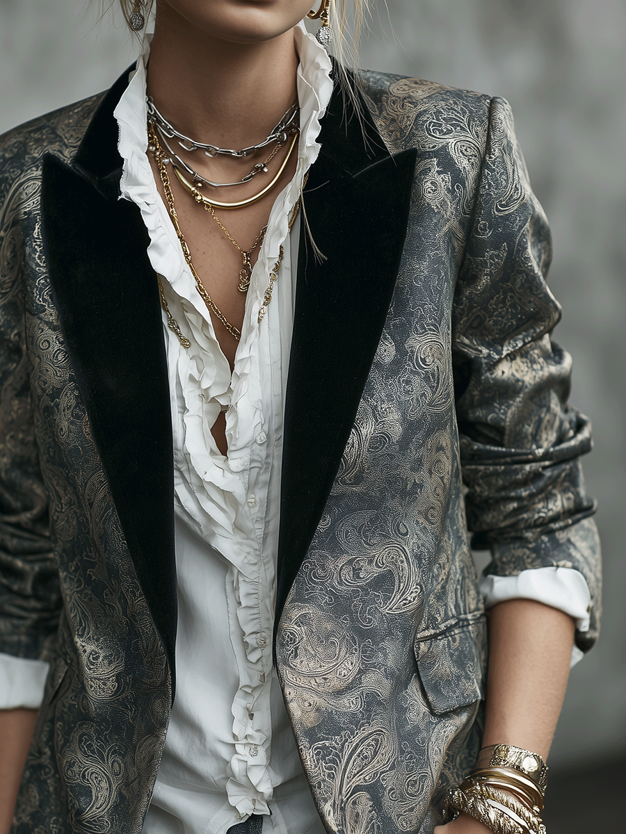 Women's Baroque Jacquard Velvet Collar Blazer