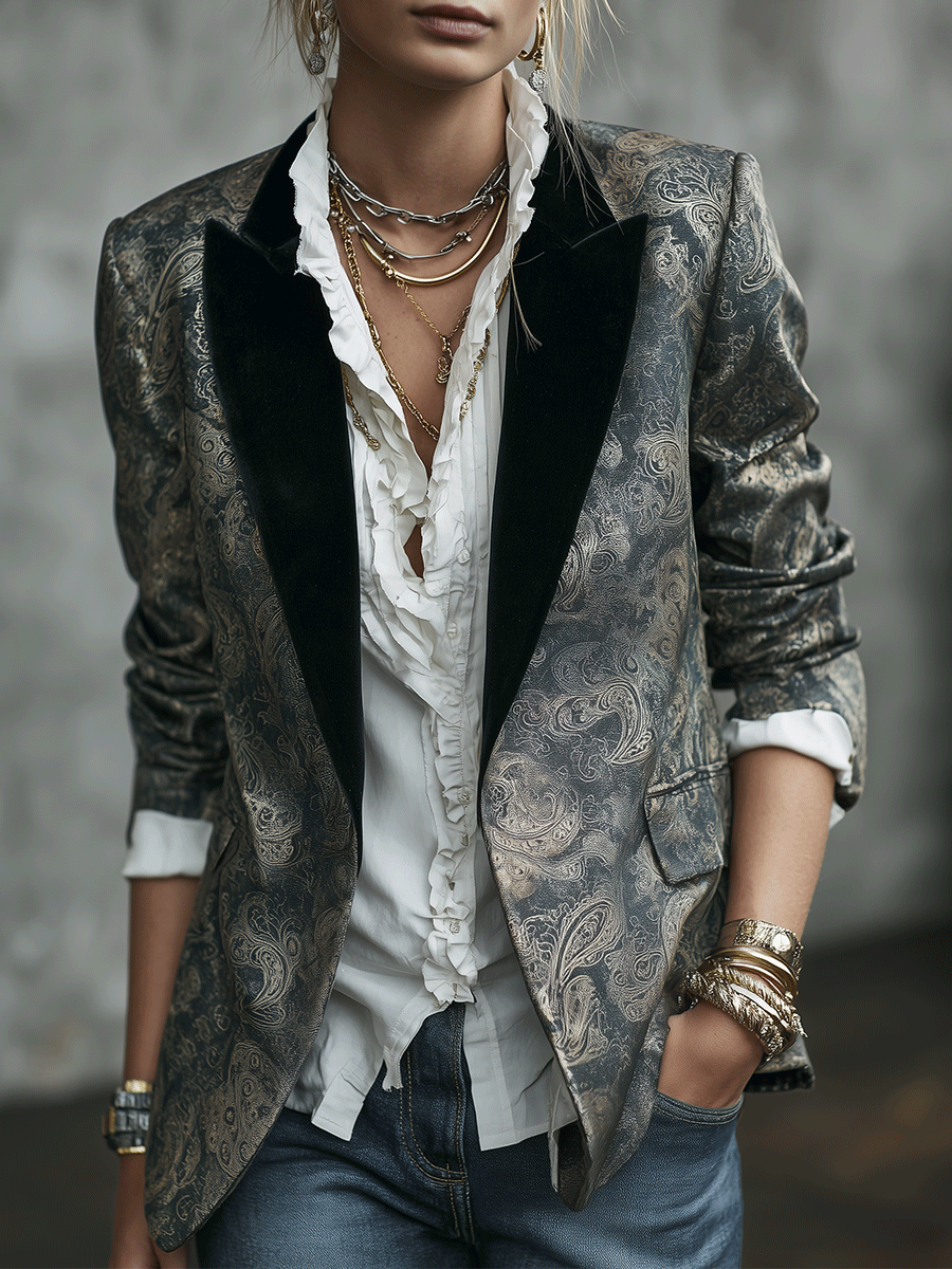 Women's Baroque Jacquard Velvet Collar Blazer
