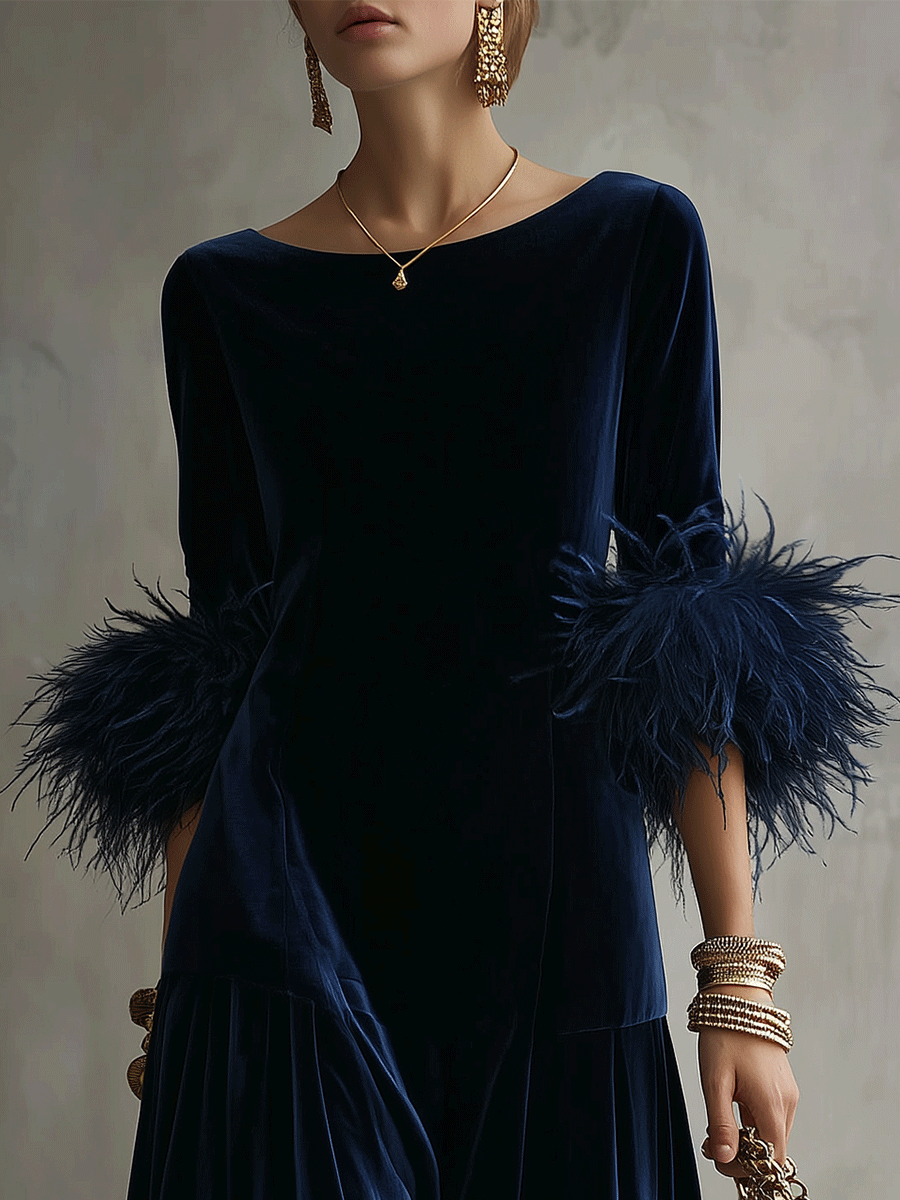 Vintage Luxe Velvet Relaxed-Fit Navy Blue Feather-Trim Maxi Dress