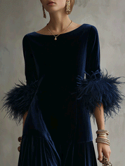 Vintage Luxe Velvet Relaxed-Fit Navy Blue Feather-Trim Maxi Dress