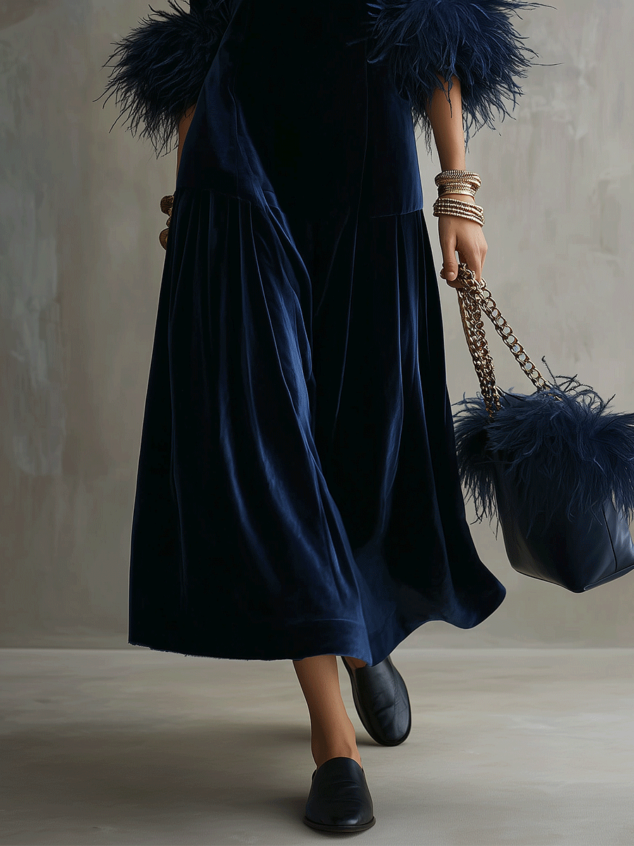 Vintage Luxe Velvet Relaxed-Fit Navy Blue Feather-Trim Maxi Dress