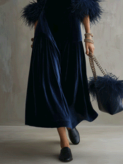 Vintage Luxe Velvet Relaxed-Fit Navy Blue Feather-Trim Maxi Dress