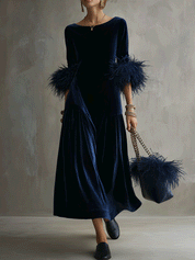 Vintage Luxe Velvet Relaxed-Fit Navy Blue Feather-Trim Maxi Dress