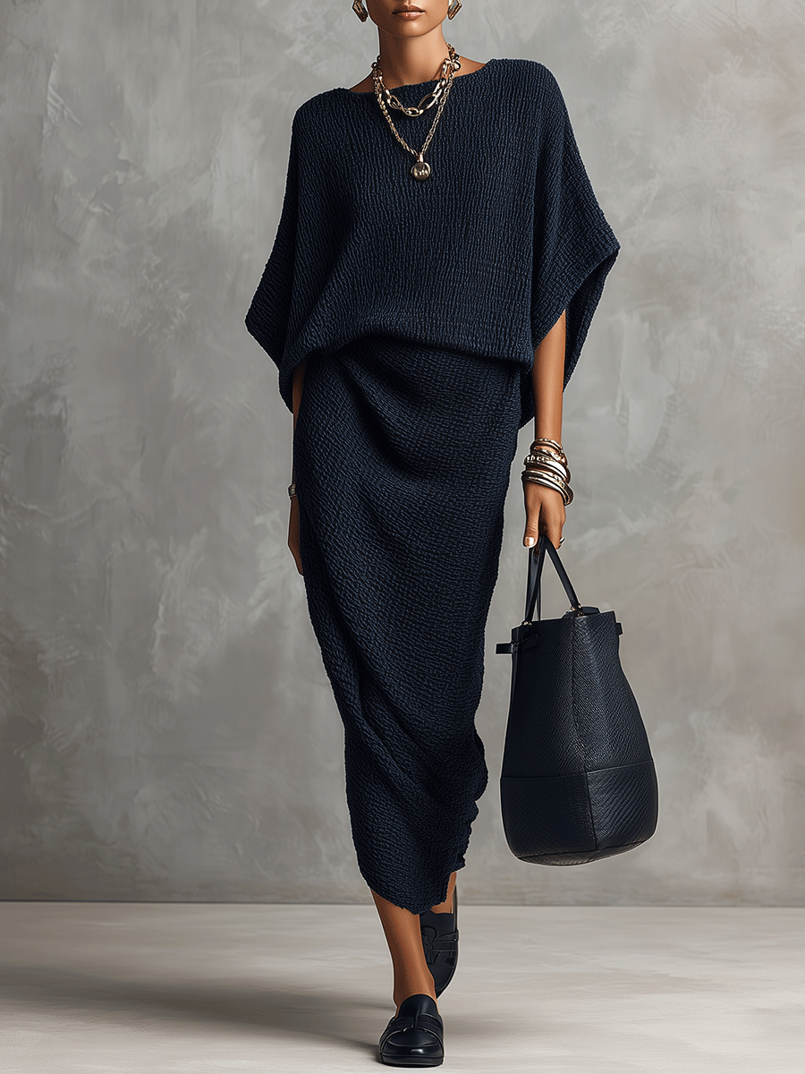 Bohemian Textured Knit Relaxed-Fit Navy Blue Maxi Dress