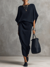 Bohemian Textured Knit Relaxed-Fit Navy Blue Maxi Dress