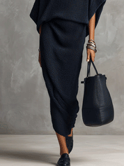 Bohemian Textured Knit Relaxed-Fit Navy Blue Maxi Dress