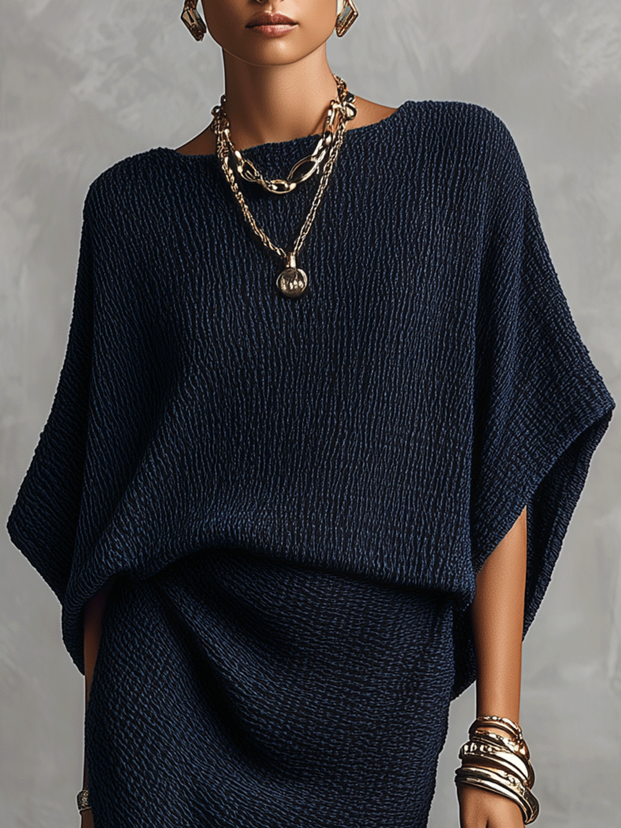 Bohemian Textured Knit Relaxed-Fit Navy Blue Maxi Dress