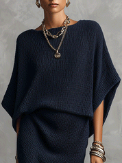 Bohemian Textured Knit Relaxed-Fit Navy Blue Maxi Dress