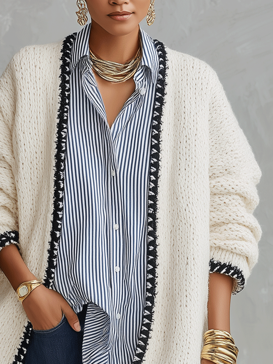 Modern Bohemian Chunky Knit Relaxed-Fit Ivory Contrast-Trim Cardigan