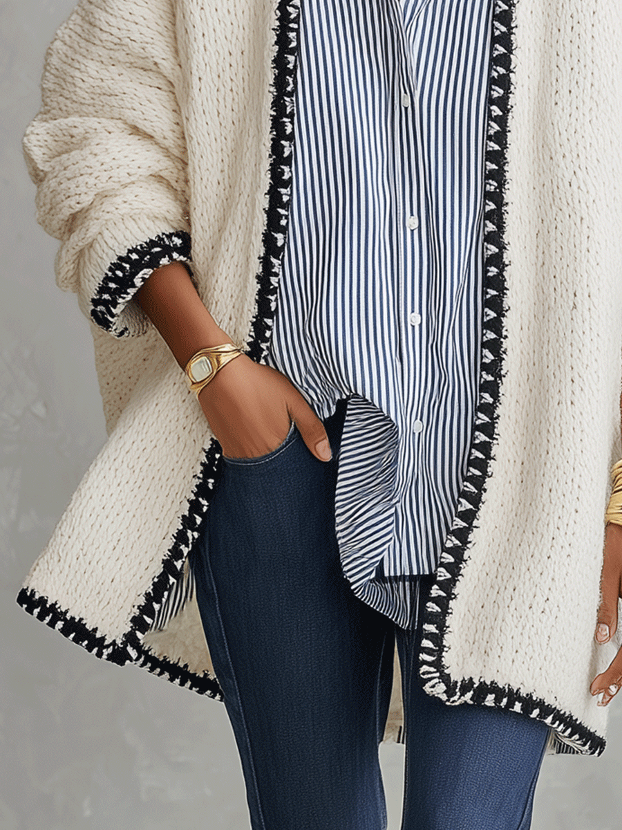 Modern Bohemian Chunky Knit Relaxed-Fit Ivory Contrast-Trim Cardigan