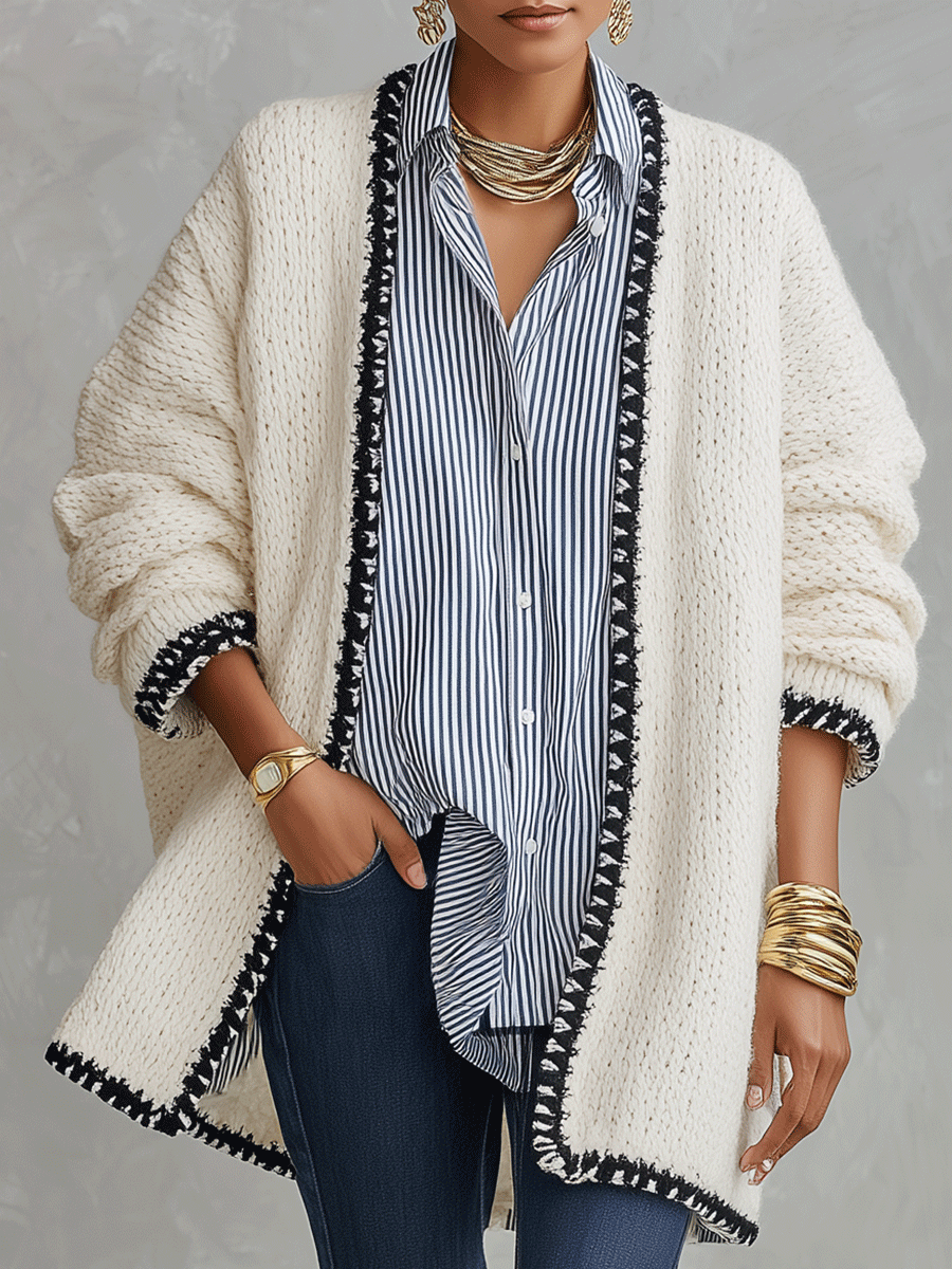 Modern Bohemian Chunky Knit Relaxed-Fit Ivory Contrast-Trim Cardigan
