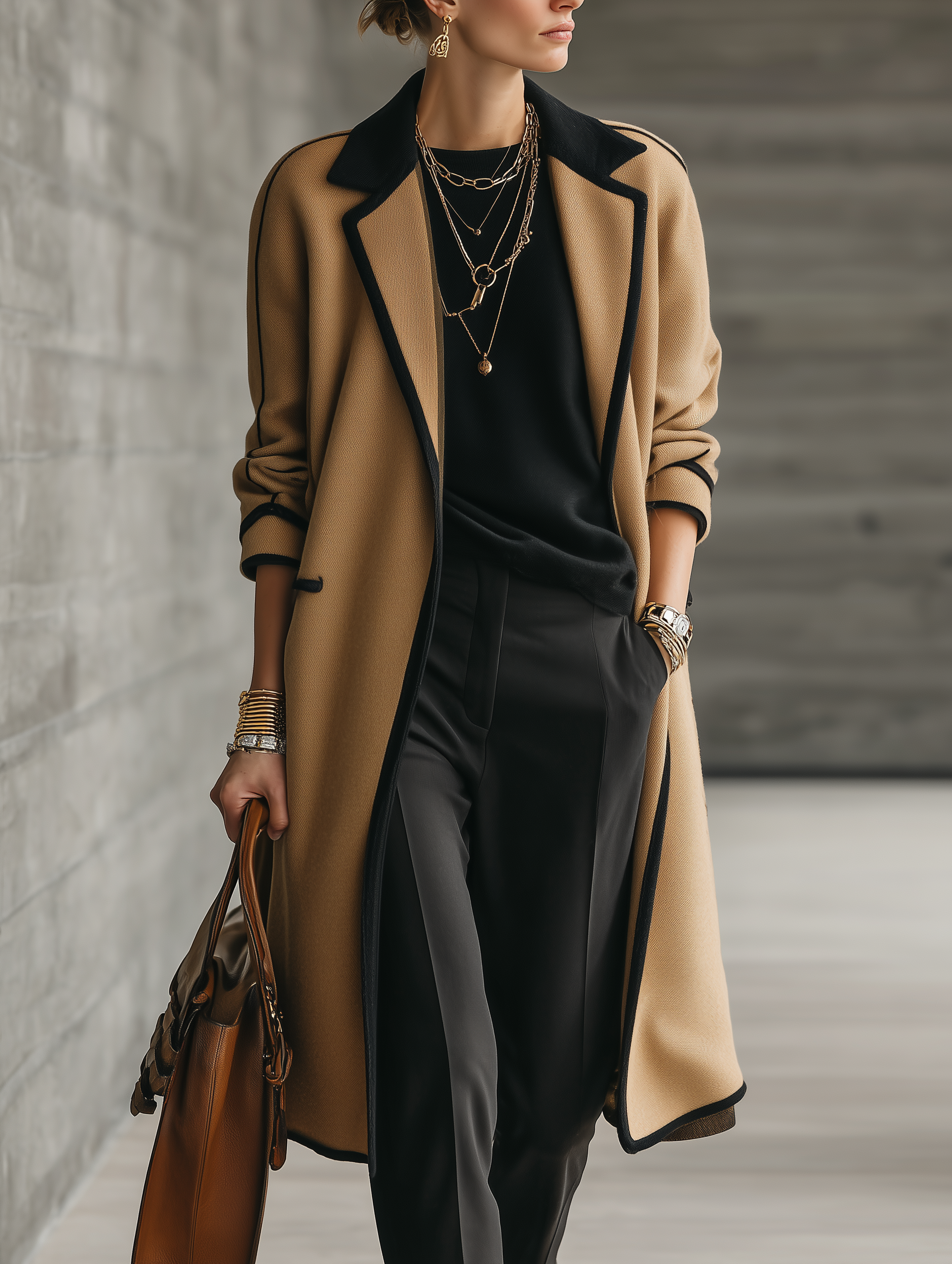 Women's Color-Block Wool Blend Longline Contrast Trim Coat