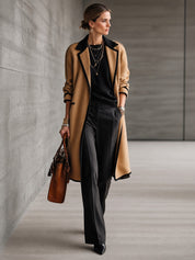 Women's Color-Block Wool Blend Longline Contrast Trim Coat