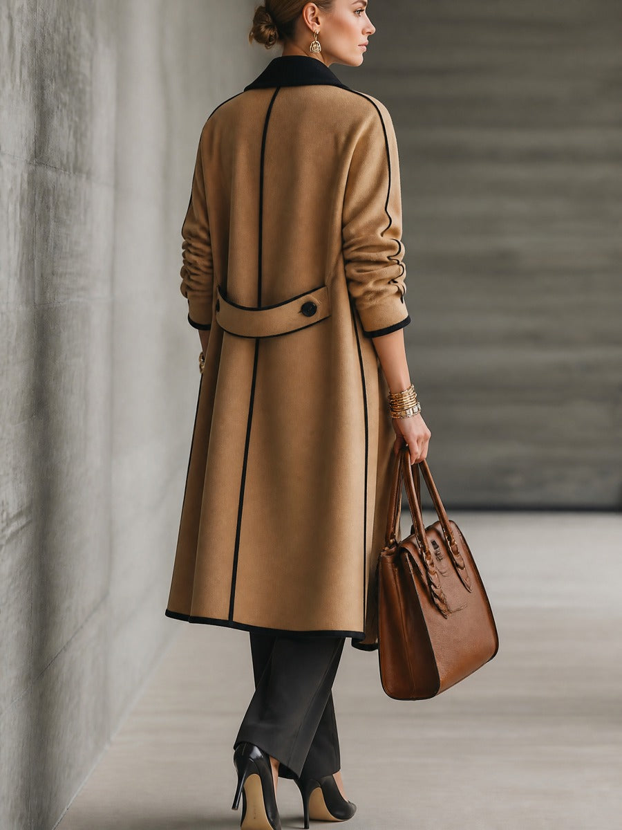 Women's Color-Block Wool Blend Longline Contrast Trim Coat