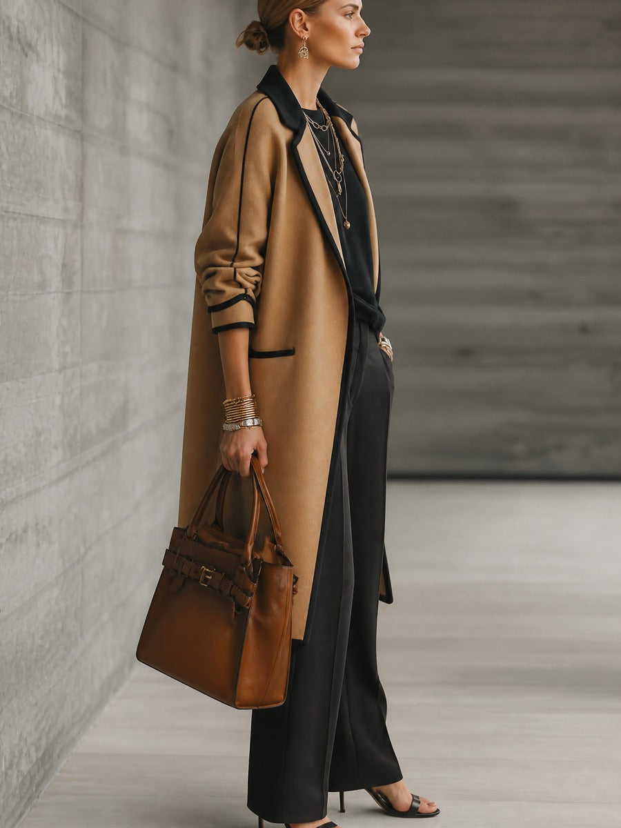 Women's Color-Block Wool Blend Longline Contrast Trim Coat