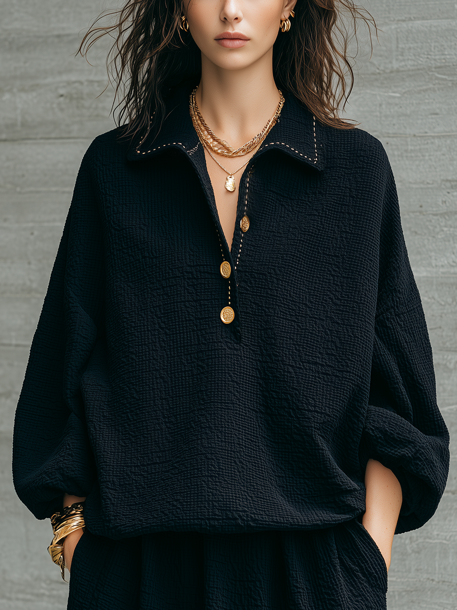 Relaxed Black Textured Collared Gold-Button Pullover Top