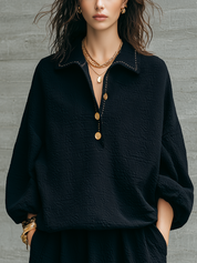Relaxed Black Textured Collared Gold-Button Pullover Top