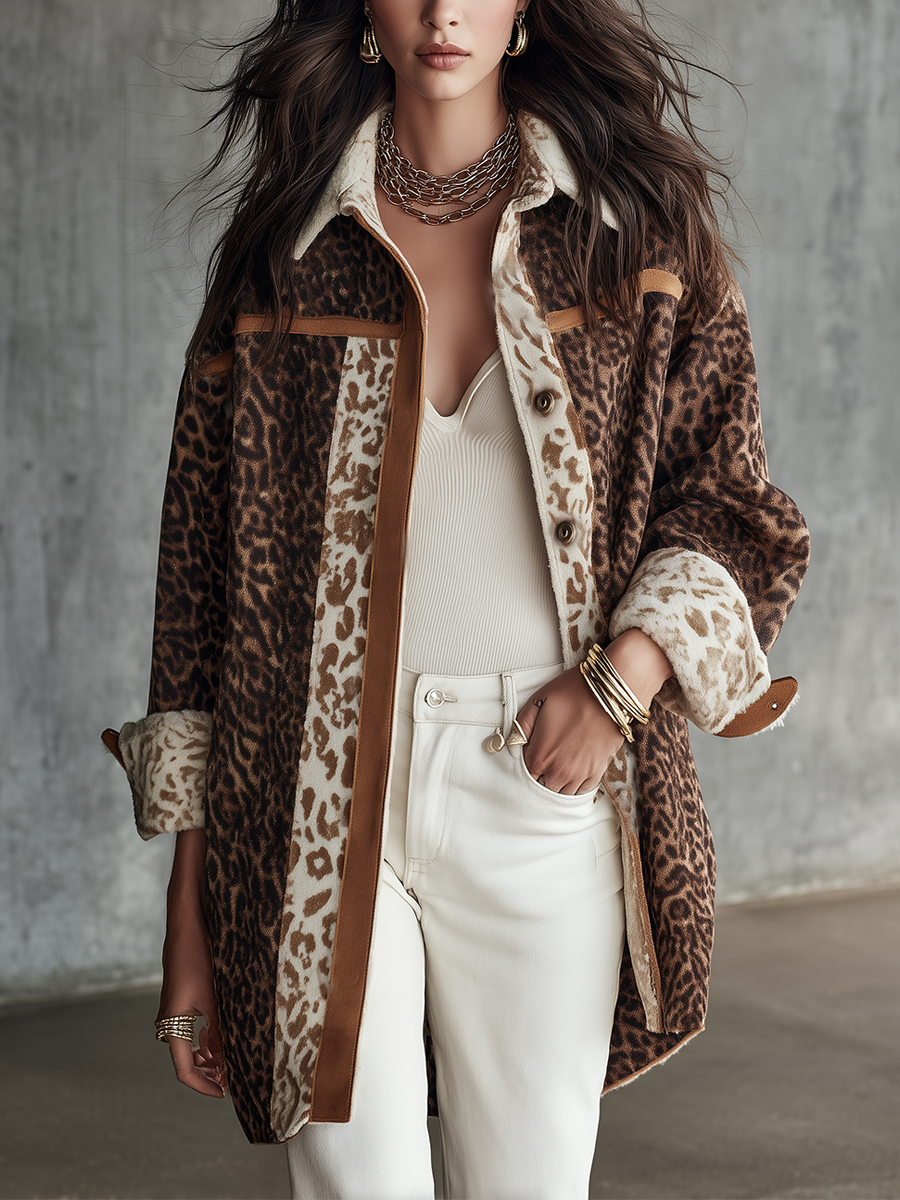 Vintage Brown Leopard Plush Contrast-Trim Longline Jacket