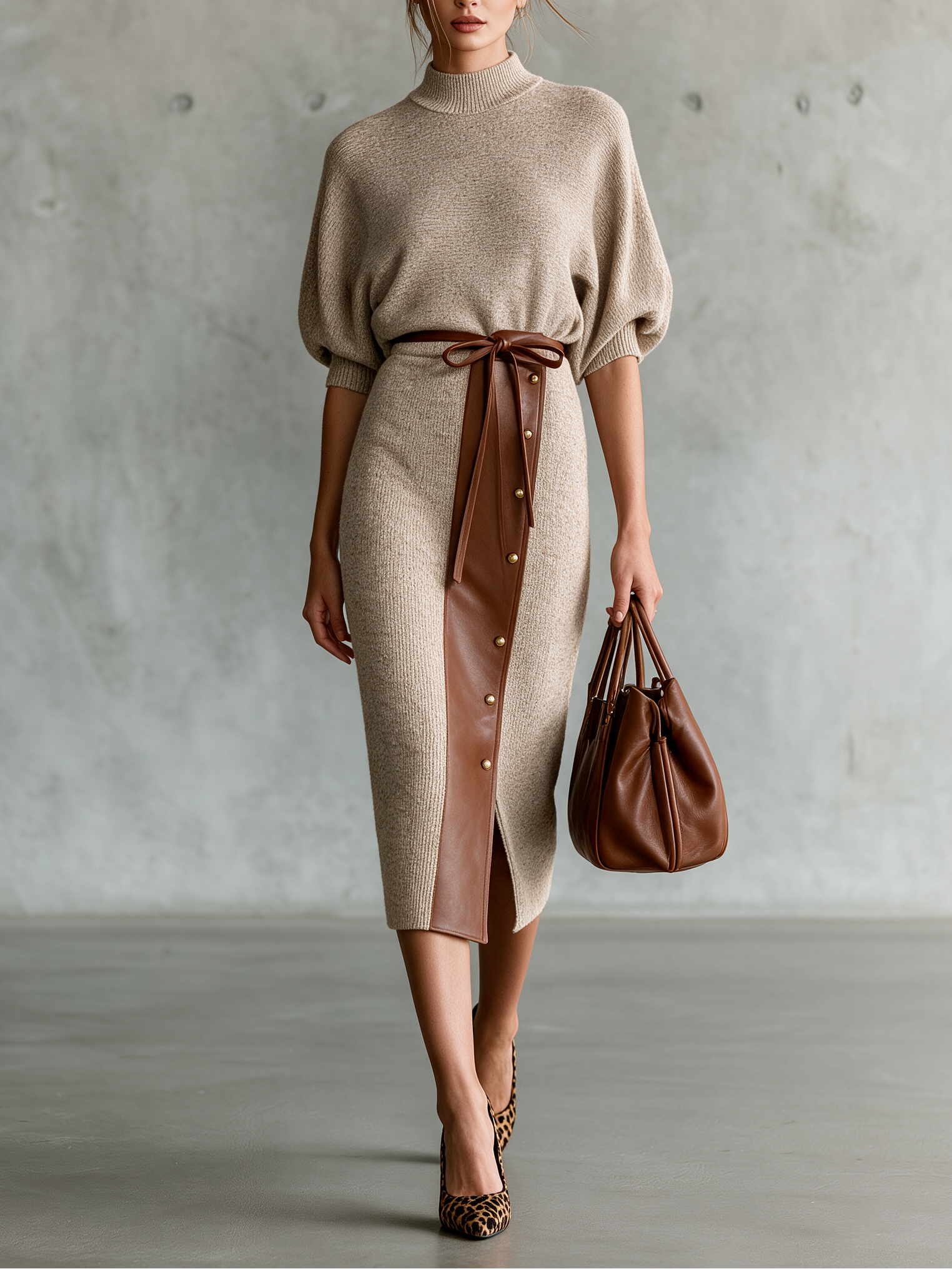 Modern Heritage Oatmeal Knit & Brown Leather Skirt Set
