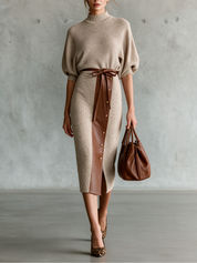 Modern Heritage Oatmeal Knit & Brown Leather Skirt Set