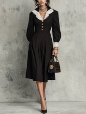 Romantic Black Woven Lace-Collar Puff-Sleeve Midi Dress