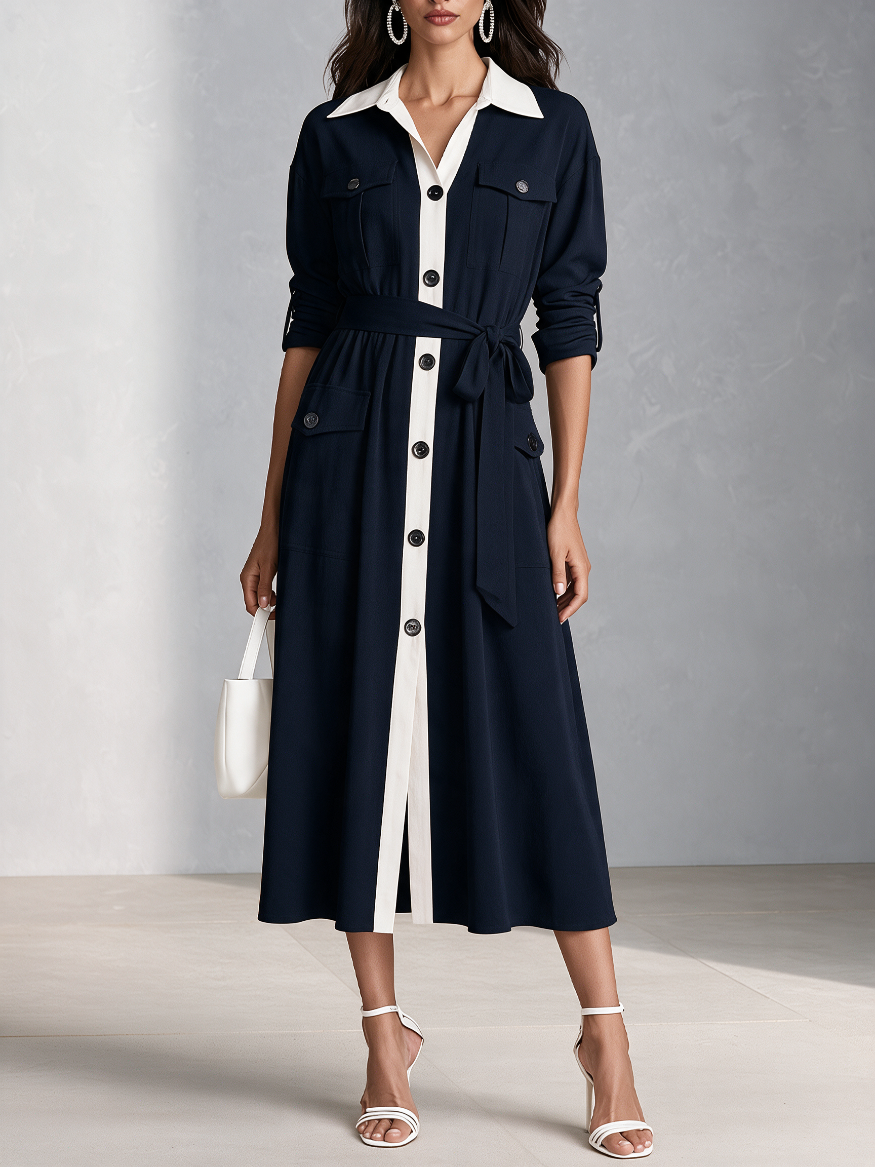 Women's Color Block Long Sleeve Button Down Belted Shirt Midi Dress