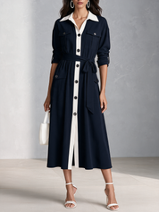 Women's Color Block Long Sleeve Button Down Belted Shirt Midi Dress