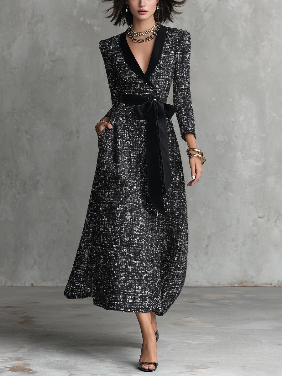 Polished Black White Tweed Bow-Waist Maxi Dress
