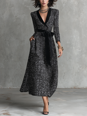 Polished Black White Tweed Bow-Waist Maxi Dress