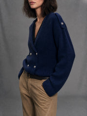 Autical Luxe Navy Double-Breasted Knit Cardigan Top