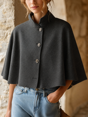 Women's Stand Collar Button-Up Cape Cloak Poncho Coat