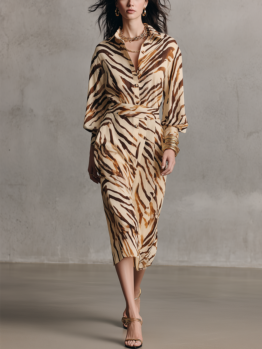 Brown Zebra-print Belted Shirt Dress