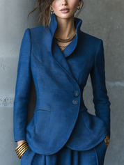 Cobalt Blue Textured Stand-Collar Blazer