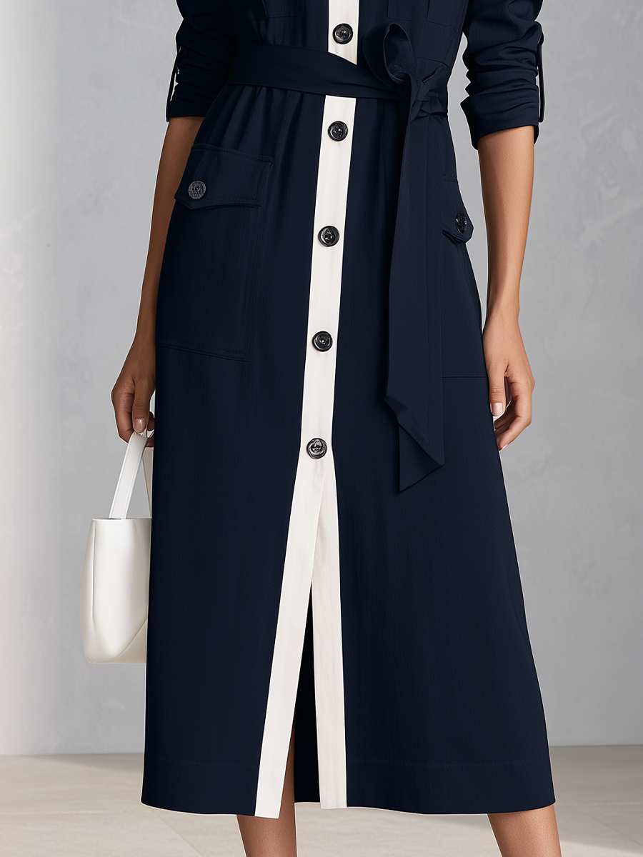 Women's Color Block Long Sleeve Button Down Belted Shirt Midi Dress